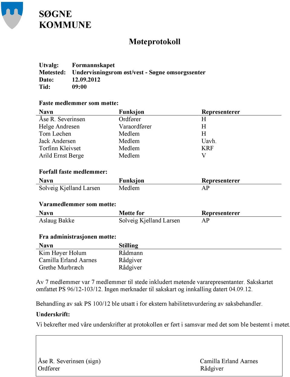 Torfinn Kleivset Medlem KRF Arild Ernst Berge Medlem V Forfall faste medlemmer: Navn Funksjon Representerer Solveig Kjelland Larsen Medlem AP Varamedlemmer som møtte: Navn Møtte for Representerer