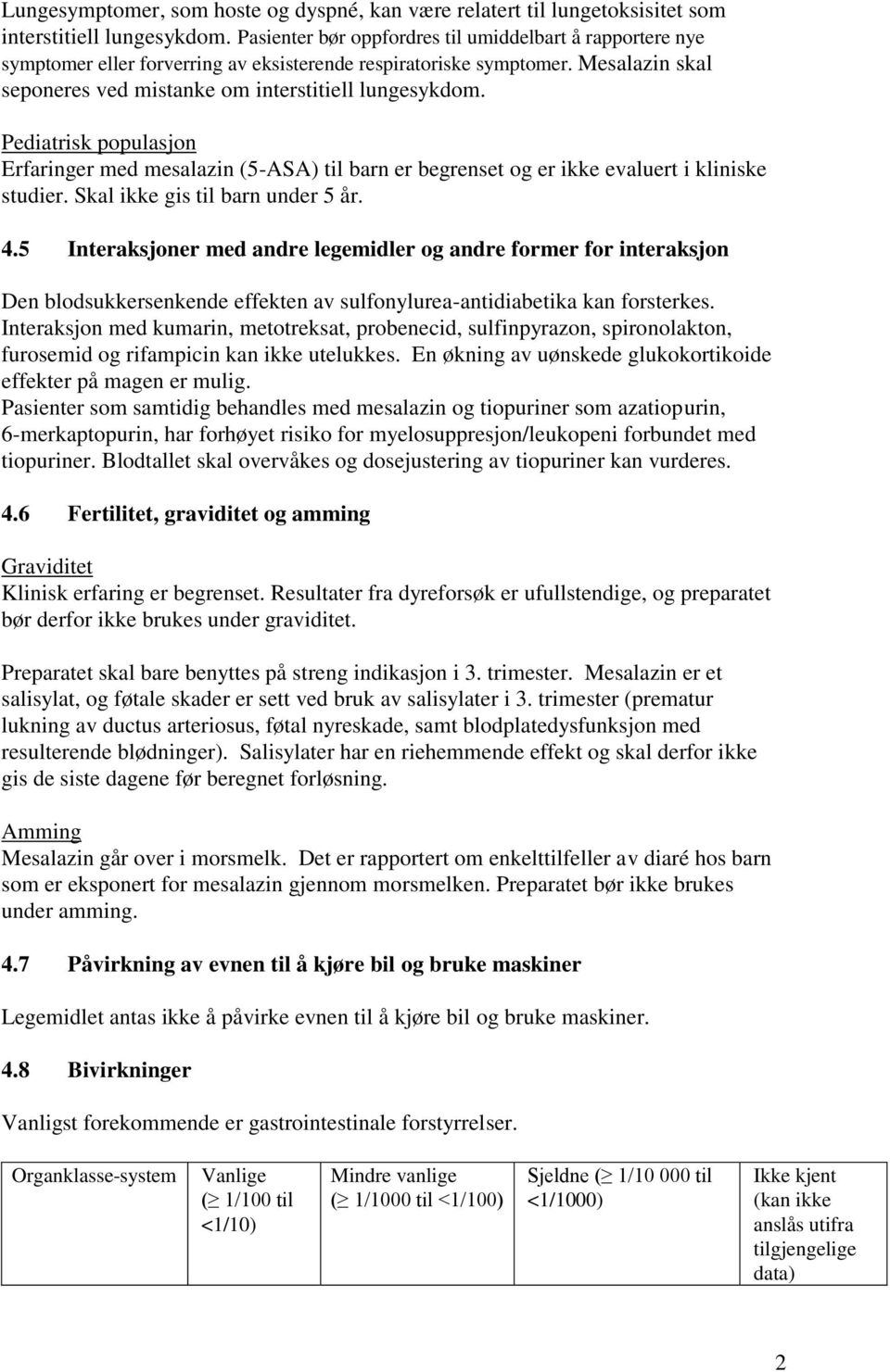 Pediatrisk populasjon Erfaringer med mesalazin (5-ASA) til barn er begrenset og er ikke evaluert i kliniske studier. Skal ikke gis til barn under 5 år. 4.