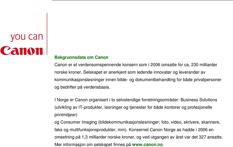 I Norge er Canon organisert i to selvstendige forretningsområder: Business Solutions (utvikling av IT-produkter, løsninger og tjenester for både kontorer og profesjonelle printmiljøer) og