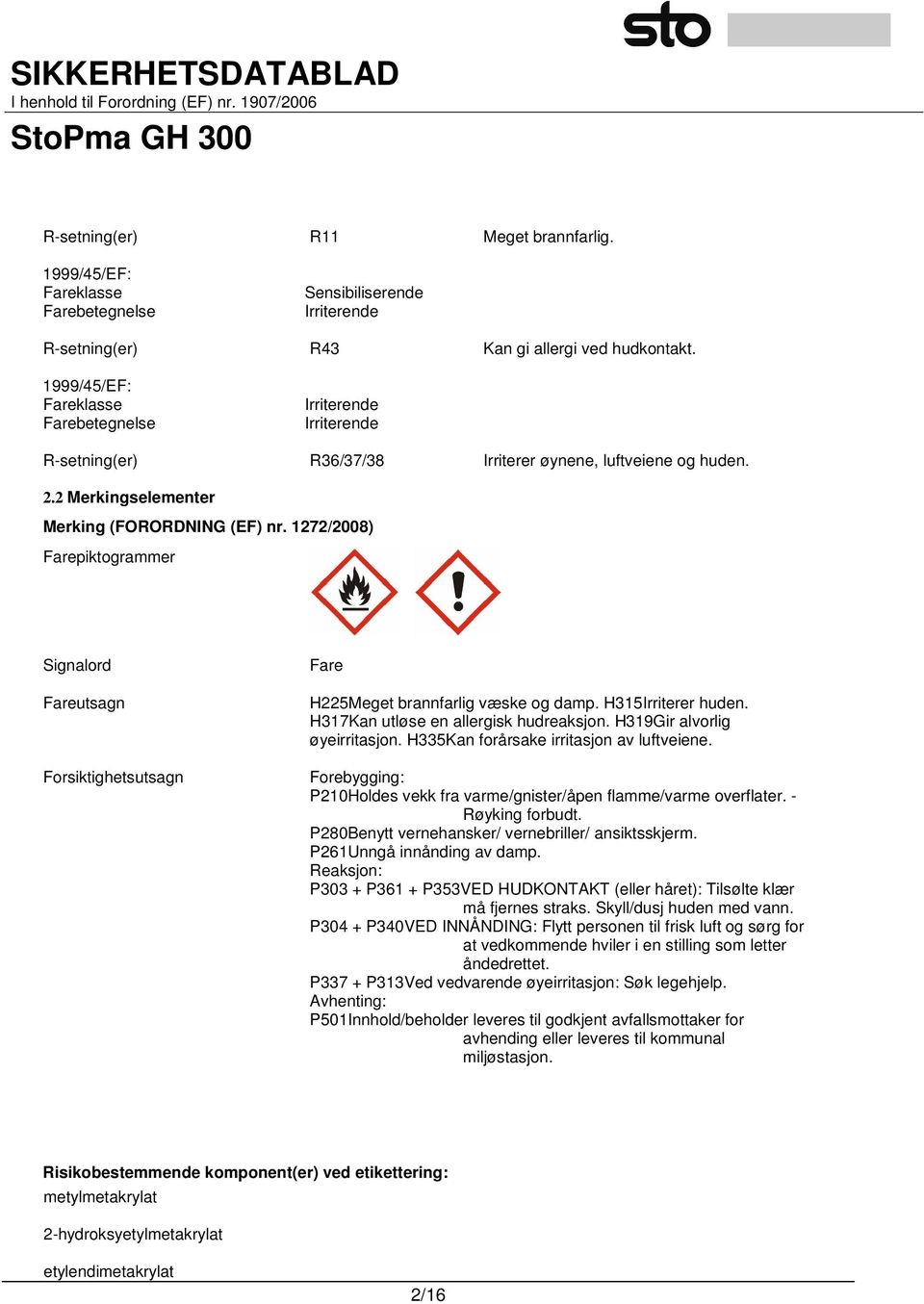 1272/2008) Farepiktogrammer Signalord Fareutsagn Forsiktighetsutsagn Fare H225Meget brannfarlig væske og damp. H315Irriterer huden. H317Kan utløse en allergisk hudreaksjon.