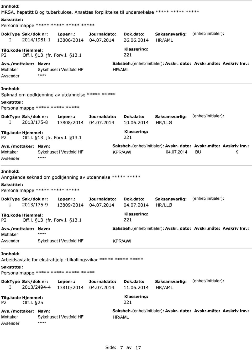 /mottaker: Navn: Saksbeh. Avskr. dato: Avskr.måte: Avskriv lnr.: Mottaker KPR/AW Arbeidsavtale for ekstrahjelp -tilkallingsvikar Personalmappe 2013/2494-4 13810/2014 11.06.