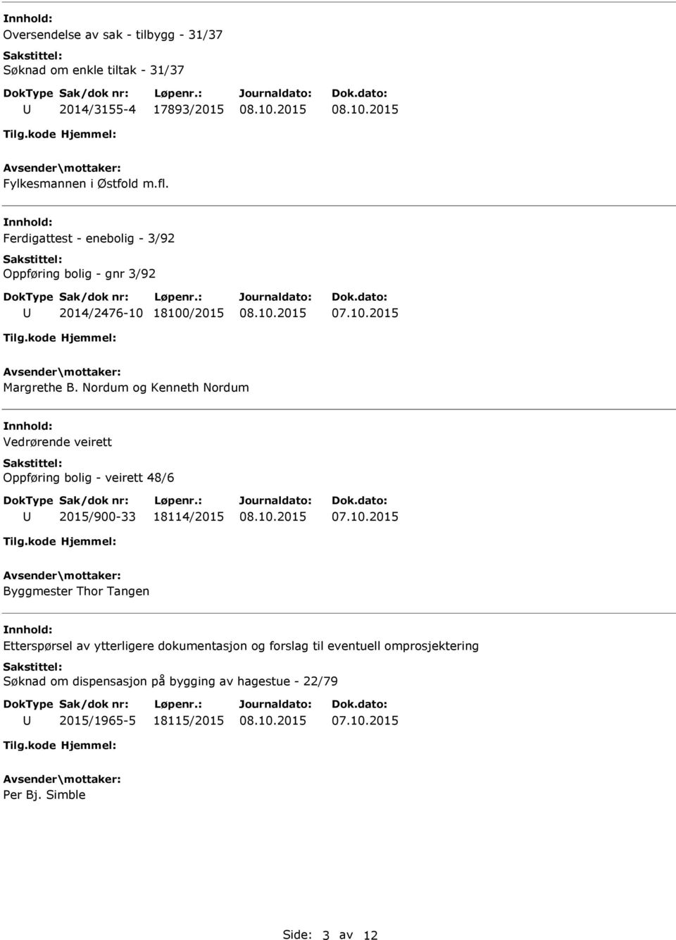 Nordum og Kenneth Nordum Vedrørende veirett Oppføring bolig - veirett 48/6 2015/900-33 18114/2015 Byggmester Thor Tangen