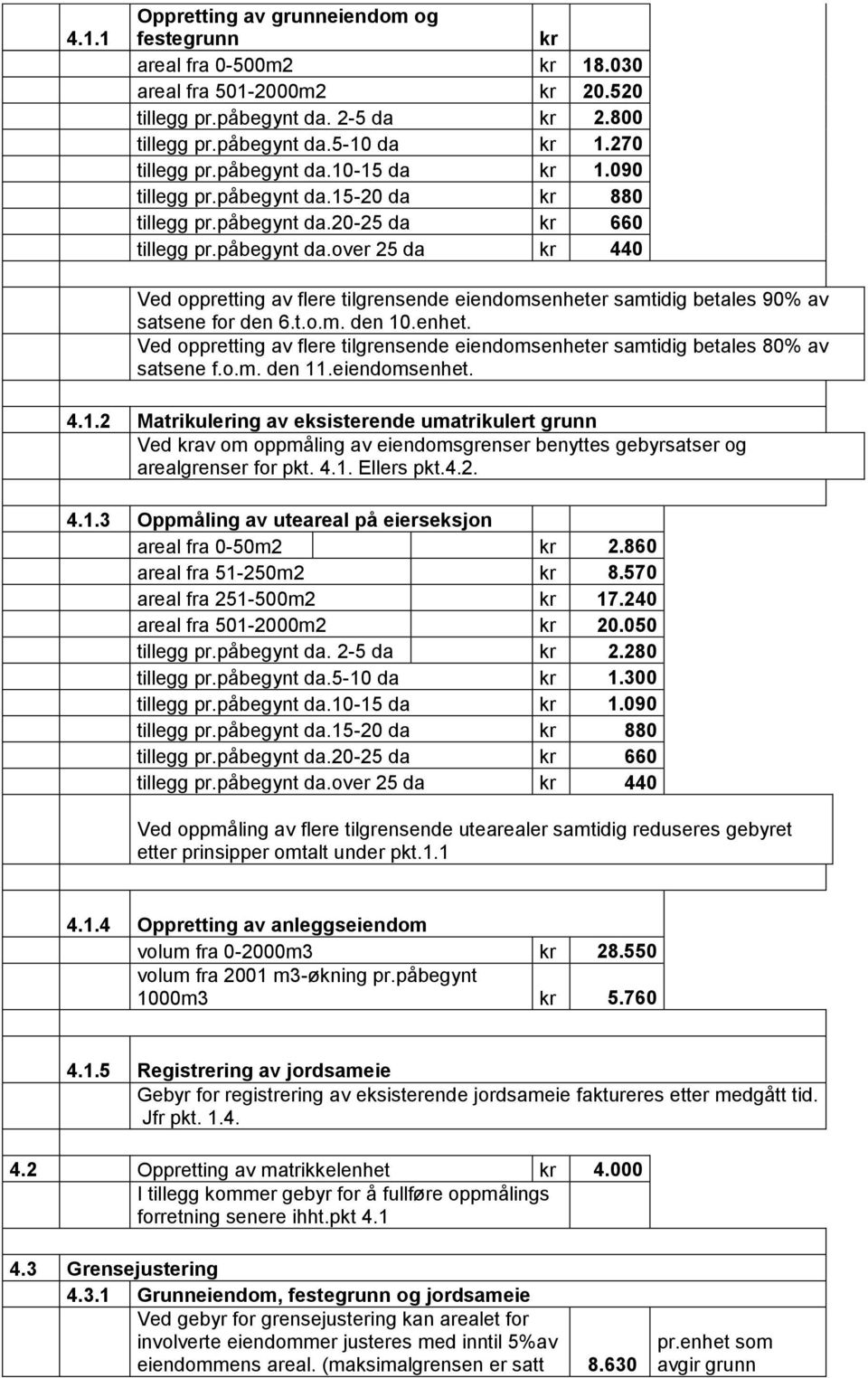 t.o.m. den 10.enhet. Ved oppretting av flere tilgrensende eiendomsenheter samtidig betales 80% av satsene f.o.m. den 11.eiendomsenhet. 4.1.2 Matrikulering av eksisterende umatrikulert grunn Ved krav om oppmåling av eiendomsgrenser benyttes gebyrsatser og arealgrenser for pkt.