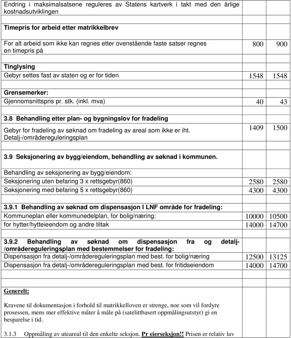 8 Behandling etter plan- og bygningslov for fradeling Gebyr for fradeling av søknad om fradeling av areal som ikke er iht. Detalj-/områdereguleringsplan 1409 1500 3.