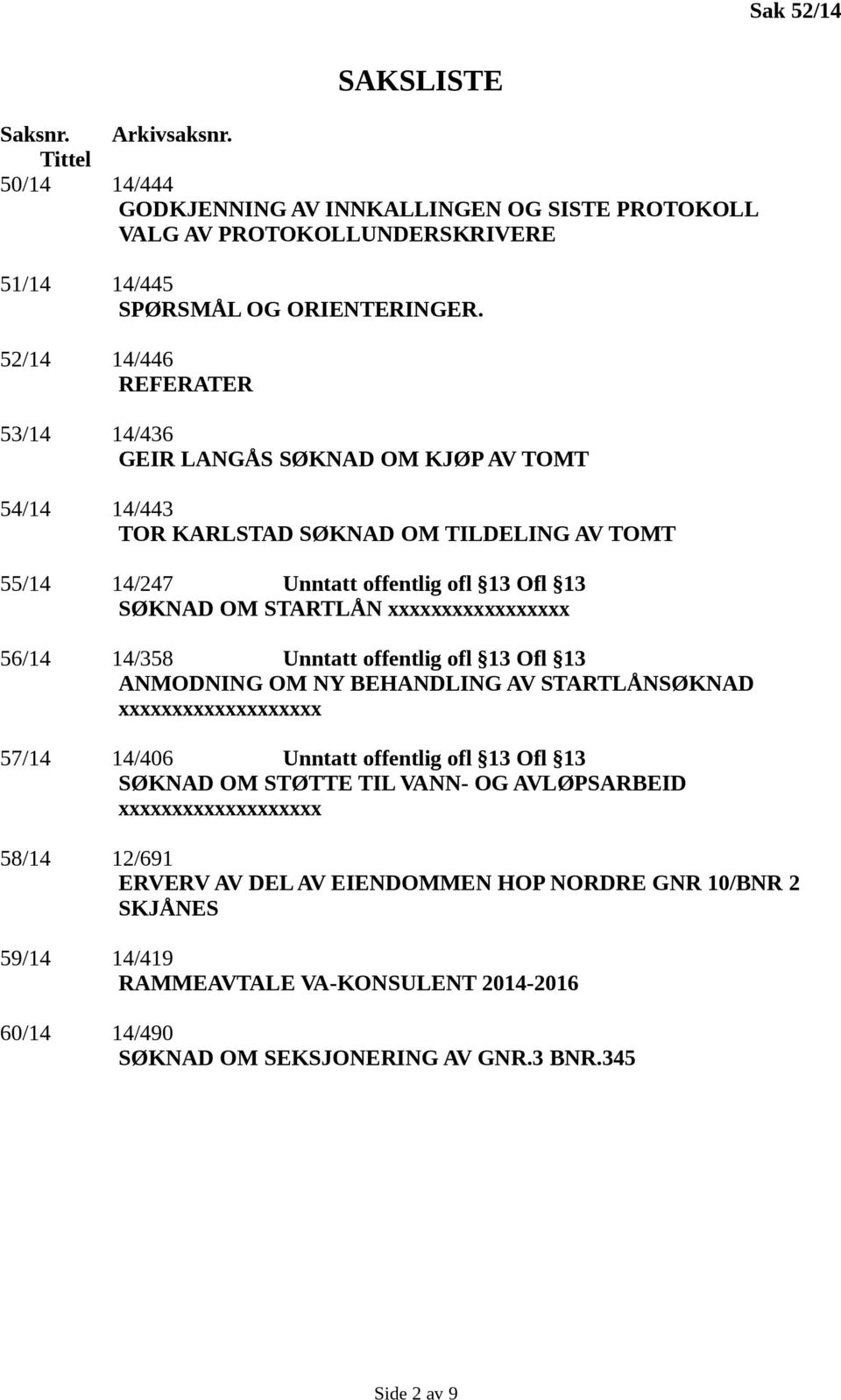 xxxxxxxxxxxxxxxxx 56/14 14/358 Unntatt offentlig ofl 13 Ofl 13 ANMODNING OM NY BEHANDLING AV STARTLÅNSØKNAD xxxxxxxxxxxxxxxxxxx 57/14 14/406 Unntatt offentlig ofl 13 Ofl 13 SØKNAD OM STØTTE TIL