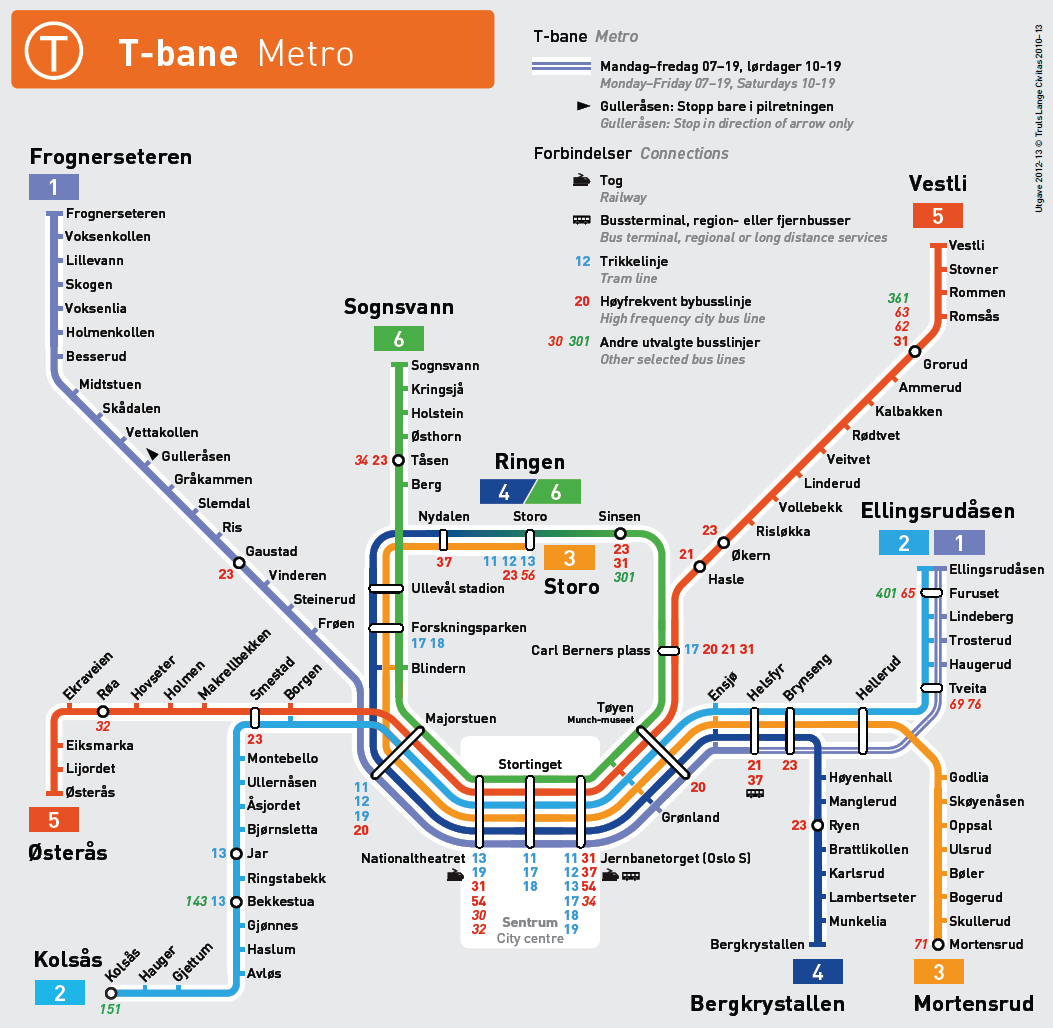 Figur 2-3: Linjekart for T-bane. (Ruter 2012-13) 2.1.2 T-bane Det er brukt betydelige midler de siste årene på å oppgradere til metrostandard med oppgradering av flere strekninger og en rekke stasjoner.