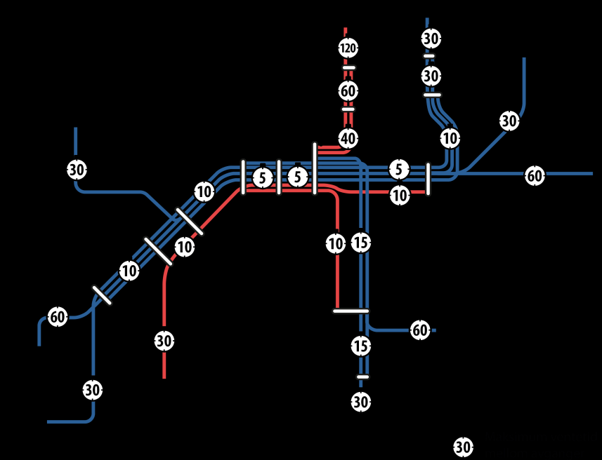 Figur 3-20: Overordnet tilbudskonsept for jernbane i K1 og K2. Gjennomsnittlig tid mellom avganger i minutter.