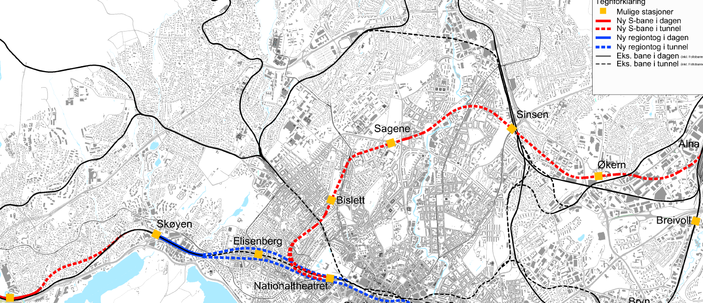 Figur 3-56 En alternativ trasé med S-bane tunnel nord-øst kombinert med tunnel Oslo S og Skøyen om Stortingsgata som i K4.