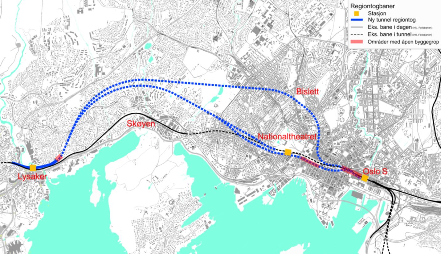 Figur 3-57 De fire trasévariantene for ny jernbanetunnel mellom Oslo S og Lysaker etter andre siling i konseptanalysen (regiontogtrasé i blått og lokaltogtunnel i rødt) Figur 3-58 viser to vurderte