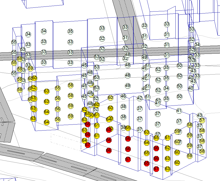 HANSKEMAKARGÅRDEN 5/6 Det er utført beregninger med og uten en 2,5 m høy støyskjerm, vist i blått på støy" sonekartet, for at en større del av utearealet på bakkeplan skal oppnå et støynivå under