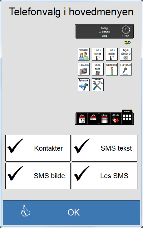 12.1 Kontakter Hvis man ikke ønsker at Kontakter skal være tilgjengelig fra Meny, kan de administreres her. trykkes, vises denne siden. Denne siden er identisk med Kontakter og beskrives i kapittel 6.