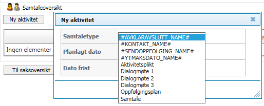 Ny aktivitet Med tiltak menes her de aktivitetene som gjennomføres i oppfølgingssaken som skal bidra til å avklare medarbeiders arbeidsevne, samt sørge for at