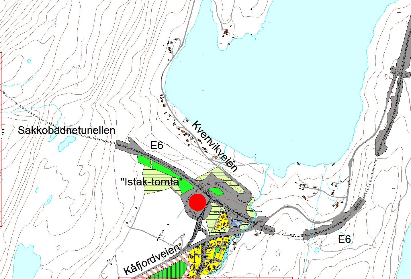 Sak 4/15 Oversiktskart som viser lokalisering av Istak-tomta samt området det nå fremmes plan for (rød sirkel).