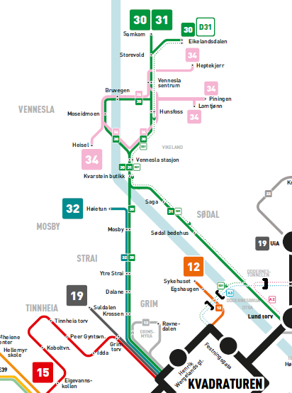 Figur 2 Oversikt over busslinjene i ruteområdet nord for Kristiansand Tidligere analyser viser at både grunnskoleskyssen nord for Kristiansand og skyss til videregående skole i Vennesla er integrert