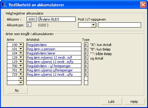 Fanen Oppstart Akkumulatorer 17 Funksjonaliteten i systemet er avhengig av koding av akkumulatorer slik at lønnsopplysninger hentes korrekt fra Visma Lønn.