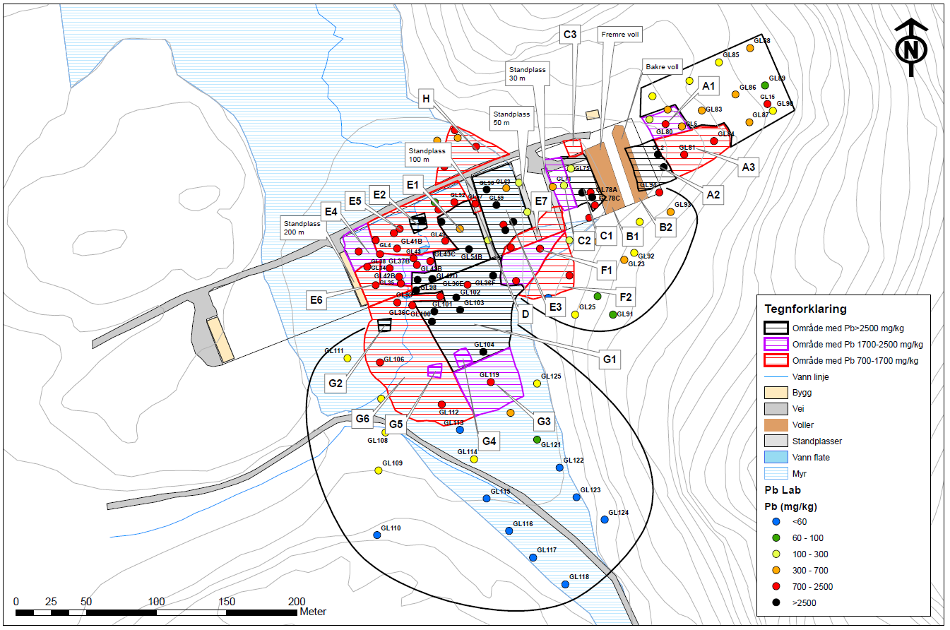 6/7 SUPPLERENDE UNDERSØKELSE I OMRÅDE G, GURULIA Figur 3. Kart som viser tidligere prøver og ulike delområder.