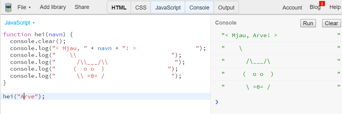 JS: Hei JavaScript! Introduksjon Web Introduksjon I denne oppgaven blir du introdusert for programmeringsspråket JavaScript. Du skal gjøre den klassiske oppgaven Hei verden, med en katt.