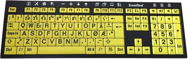 ZoomText tastatur Sorte bokstaver på gule taster - Hms art nr: 156126 Hvite bokstaver på sorte taster - Hms art nr: 197123 Perfekt tastatur for deg som bruker ZoomText.