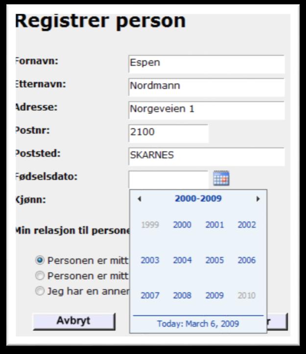 Deretter legger du inn personopplysninger for den aktuelle personen før du klikker på knappen «Registrer». Når du skal legge inn fødselsdatoen klikker du på den lille knappen til høyre for datofeltet.