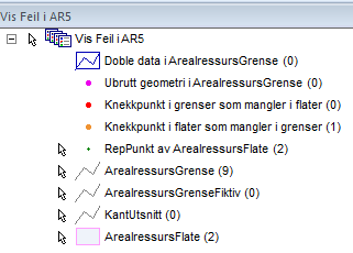 Nb! Ved feilsøk kan det lønne seg å vise flatene uten fyll. Dobbelklikk på symbolet i tegnforklaringslinja og fjern evt. hake for fyll. Ved oppstart blir IKKE feila tegnet.