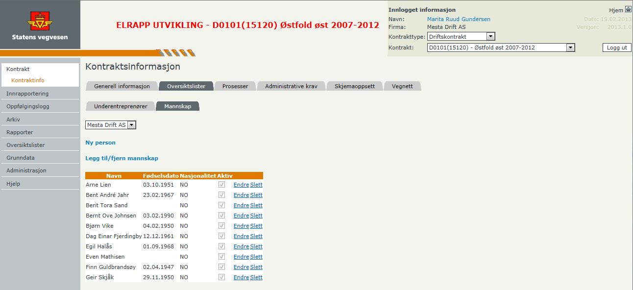 Del III - For entreprenører 75 listen og fjerne krysset for aktiv. Mannskap kan også slettes ved å klikke på Slett i listen hvis personen ikke er registrert på oversiktsliste på kontrakten.