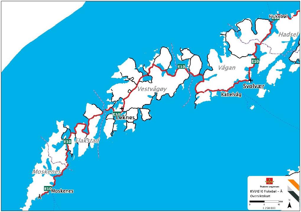 Figur 1: Kart over utredningsområdet Gimsøy Kilde: KVU E10 Fiskebøl Å I KVUen er det lagt til grunn at en ny lufthavn på Gimsøy er ferdig utbygget.