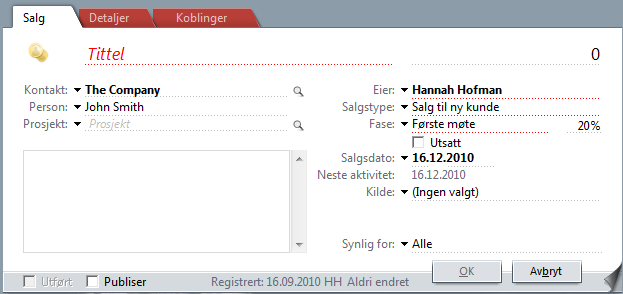 Registrere salg I Salg-bildet kan du registrere informasjon om salg på flere nivåer, representert ved de tre fanene Salg, Detaljer og Koblinger.