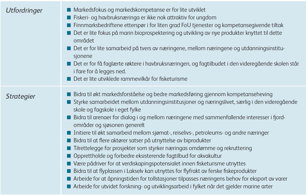 Tabell 12. Utfordringer og muligheter for fiskeri- og havbruksnæringen i Finnmark. Kilde: «Et hav av kvalitet». Fiskeri- og havbruksstrategier for Finnmark 2011-2024.