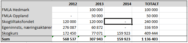 Finansiering Prosjektet er finansiert gjennom midler fra Skogtiltaksfondet, Fylkesmennene i Hedmark og Oppland, egeninnsats fra næringsaktørene og Skogkurs, se tabell 3.