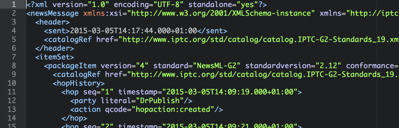 Prosessdokumentasjon Kapittel 3 Utvikling Hvordan NewsML-G2 er oppbygd FIGUR 6: NEWSML-G2 XML SYNTAX Som nevnt før så er NewsML-G2 en massiv standard og det er flere hundre tagger og attributter bare