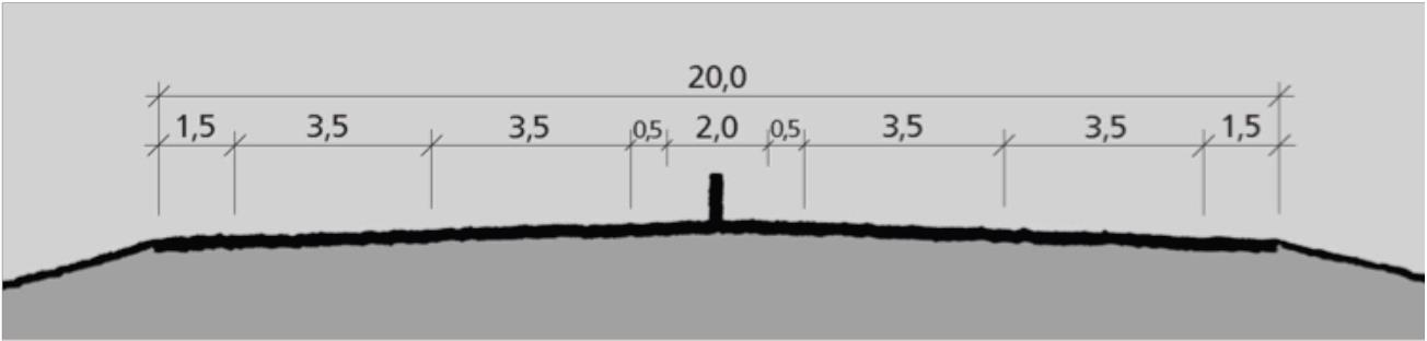 Figur 3-2 Tverrprofil for dimensjoneringsklasse for motorveg med fartsgrense 110 km/t, 20 m vegbredde (mål i meter) Det kan bli behov for bygging av tunneler på vegstrekningen.