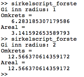 18 Areal av sirkel % Dette er en kommentar % Beregner omkrets og areal av en sirkel Radius =