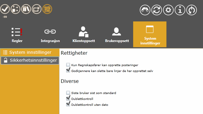 Systemrettigheter Dersom du vil at kun regnskapsfører får lov til å lage nye rader på bilag, sett en hake i det feltet.