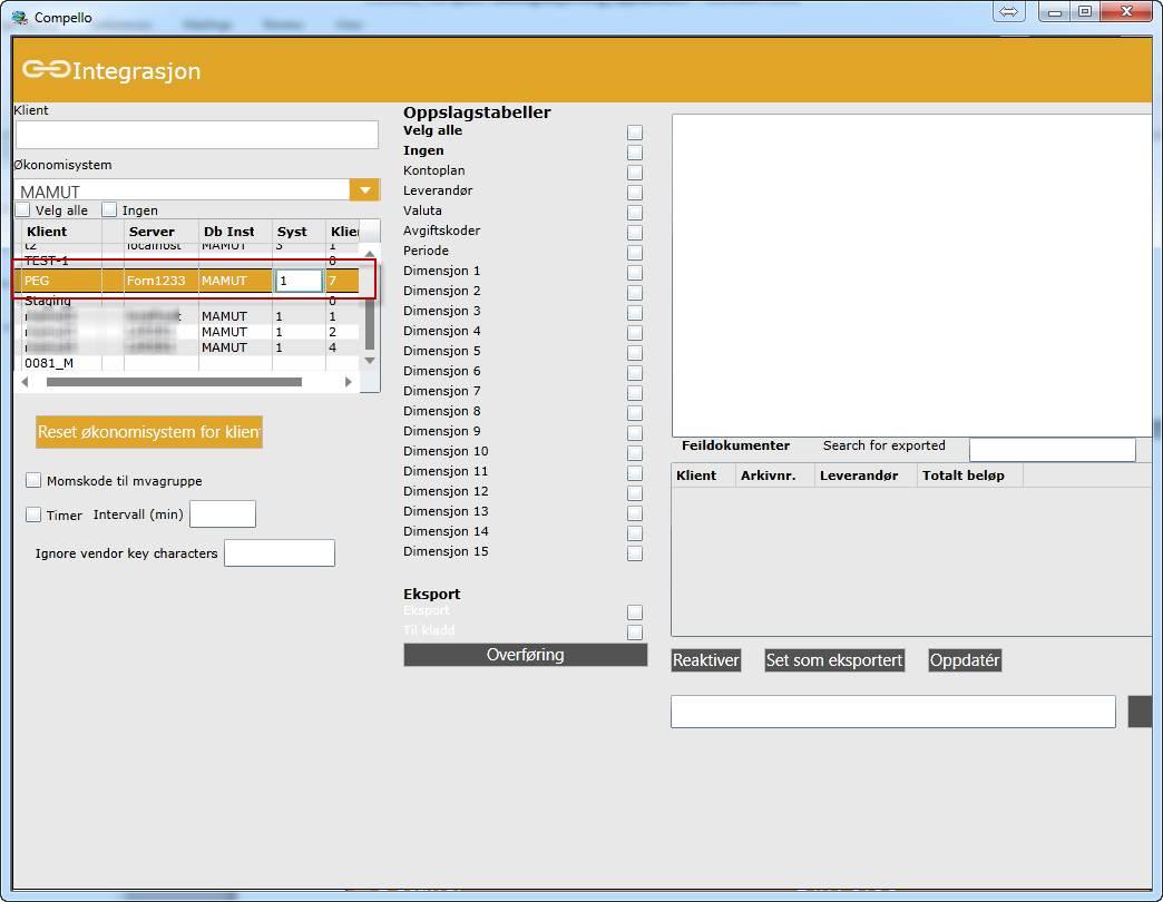 Integrasjon Oppsett av integrasjon I dette skjermbildet legger man inn oppsett for integrasjon samt gjør overføring mellom Compello og økonomisystemet.