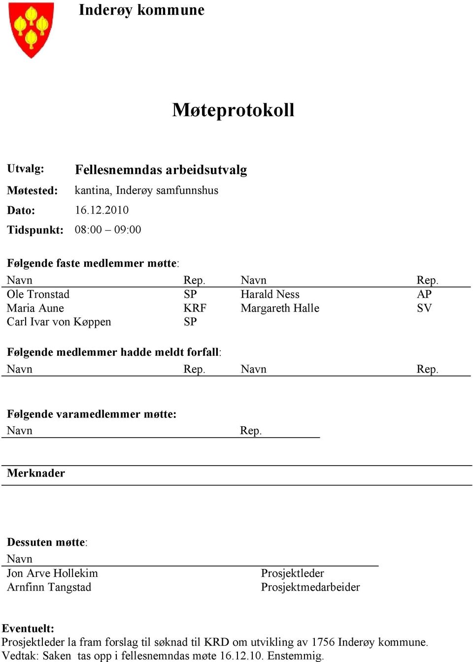 Navn Rep. Ole Tronstad SP Harald Ness AP Maria Aune KRF Margareth Halle SV Carl Ivar von Køppen SP Følgende medlemmer hadde meldt forfall: Navn Rep.