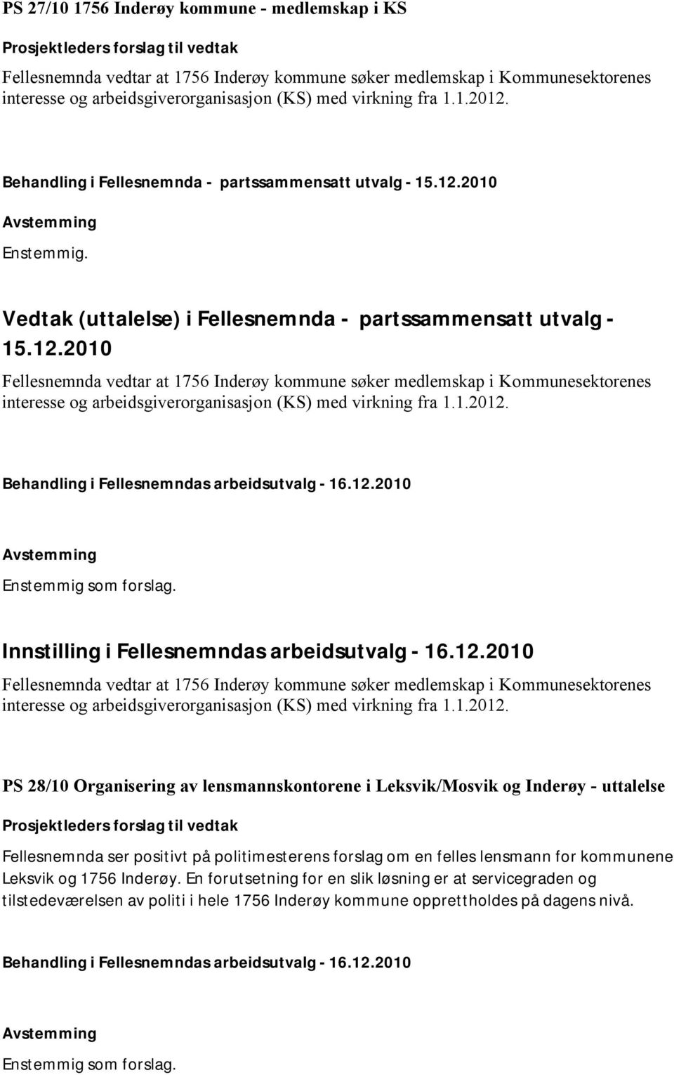 2010 Enstemmig. Vedtak (uttalelse) i Fellesnemnda - partssammensatt utvalg - 15.12.
