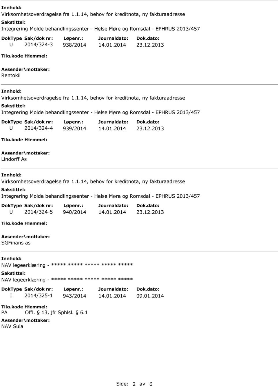 14, behov for kreditnota, ny fakturaadresse ntegrering Molde behandlingssenter - Helse Møre og Romsdal - EPHRS 2013/457 2014/324-4 939/2014 Lindorff As 1.