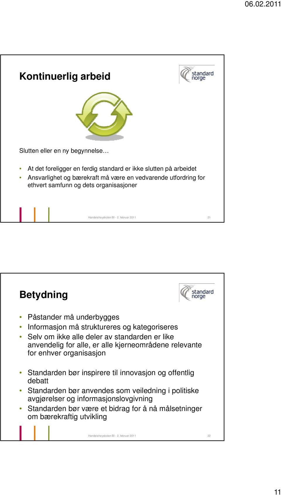 februar 2011 21 Betydning Påstander må underbygges Informasjon må struktureres og kategoriseres Selv om ikke alle deler av standarden er like anvendelig for alle, er alle