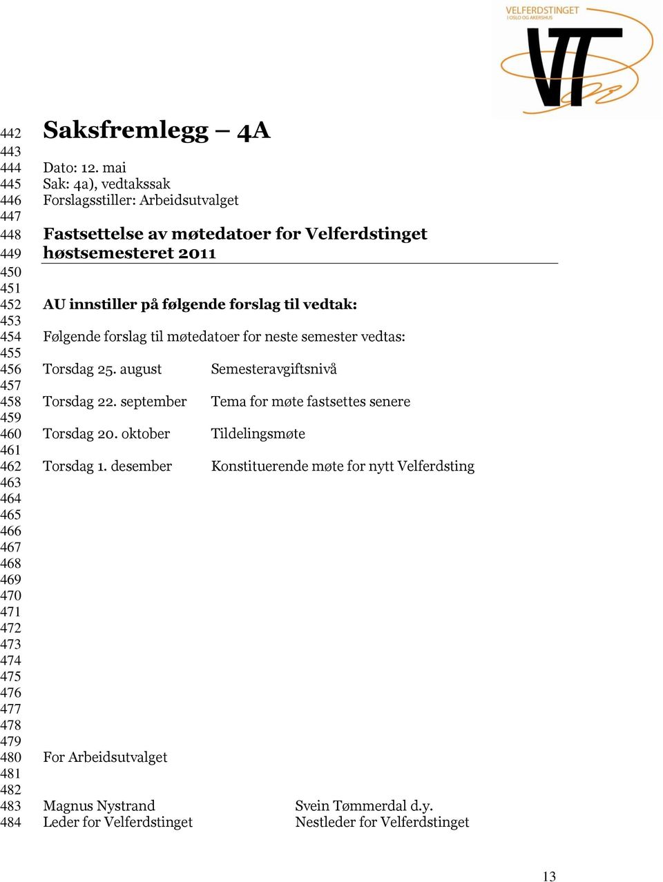 mai Sak: 4a), vedtakssak Fastsettelse av møtedatoer for Velferdstinget høstsemesteret 2011 AU innstiller på følgende forslag til vedtak: Følgende forslag til møtedatoer for