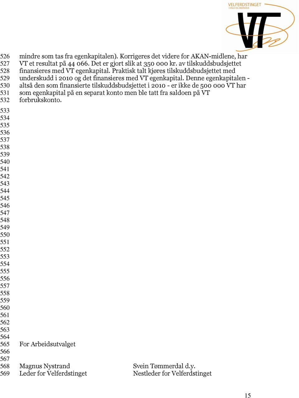 Praktisk talt kjøres tilskuddsbudsjettet med underskudd i 2010 og det finansieres med VT egenkapital.