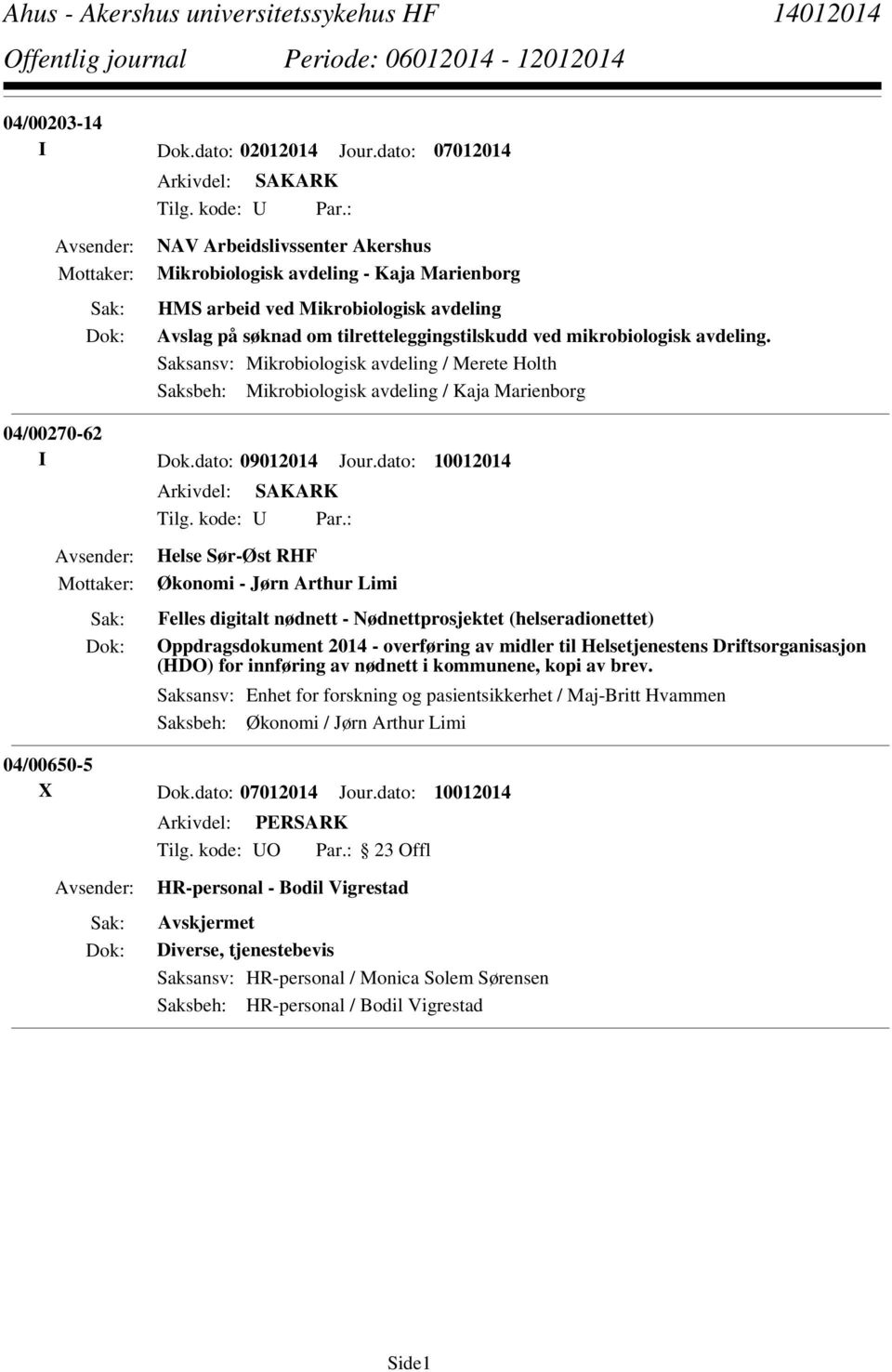 Saksansv: Mikrobiologisk avdeling / Merete Holth Saksbeh: Mikrobiologisk avdeling / Kaja Marienborg 04/00270-62 I Dok.dato: 09012014 Jour.dato: 10012014 Tilg. kode: U Par.