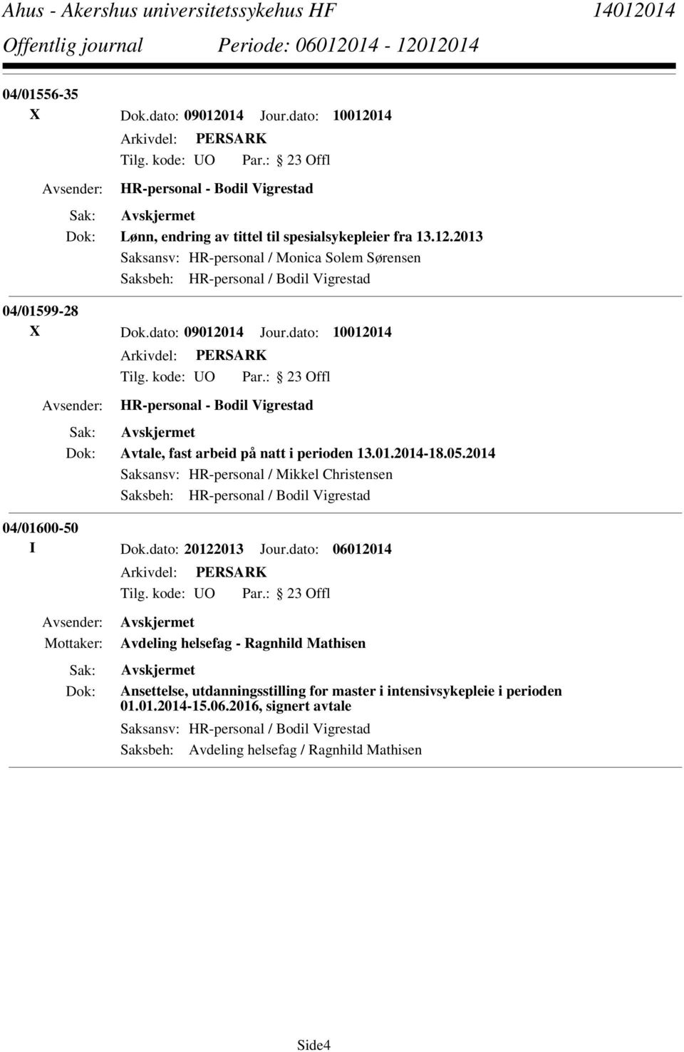 2014 Saksansv: HR-personal / Mikkel Christensen Saksbeh: HR-personal / Bodil Vigrestad 04/01600-50 I Dok.dato: 20122013 Jour.