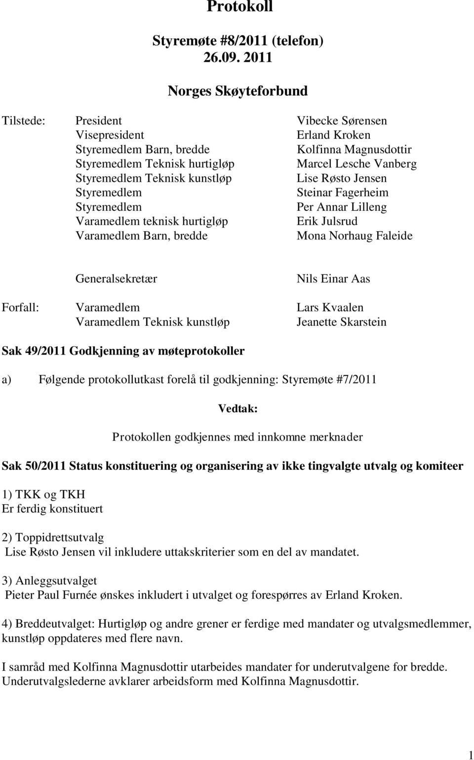 Styremedlem Teknisk kunstløp Lise Røsto Jensen Styremedlem Steinar Fagerheim Styremedlem Per Annar Lilleng Varamedlem teknisk hurtigløp Erik Julsrud Varamedlem Barn, bredde Mona Norhaug Faleide