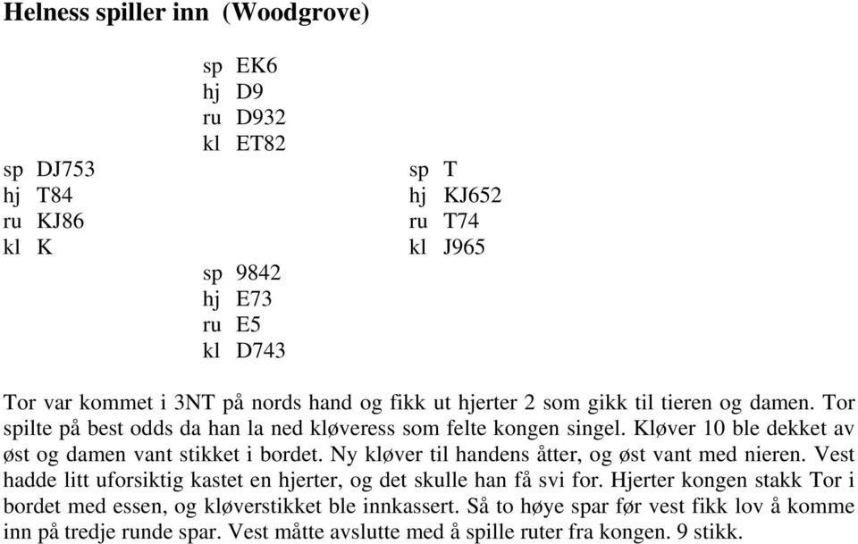 Kløver 10 ble dekket av øst og damen vant stikket i bordet. Ny kløver til handens åtter, og øst vant med nieren.