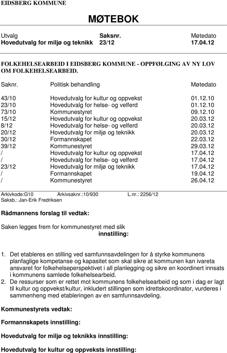 03.12 8/12 Hovedutvalg for helse- og velferd 20.03.12 20/12 Hovedutvalg for miljø og teknikk 20.03.12 30/12 Formannskapet 22.03.12 39/12 Kommunestyret 29.03.12 / Hovedutvalg for kultur og oppvekst 17.