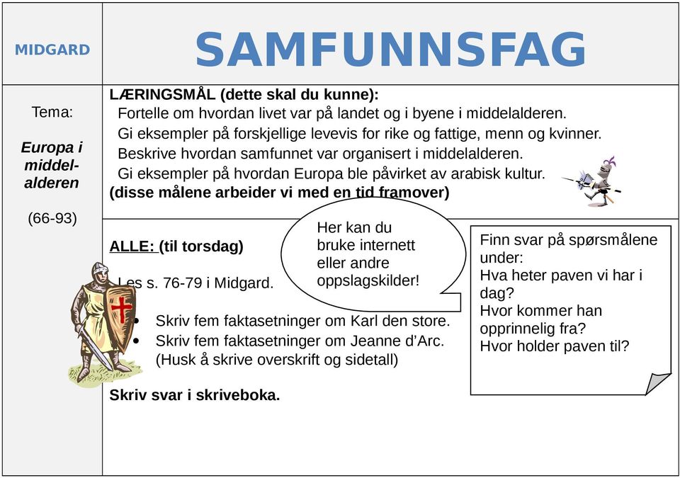 Gi eksempler på hvordan Europa ble påvirket av arabisk kultur. (disse målene arbeider vi med en tid framover) ALLE: (til torsdag) Les s. 76-79 i Midgard.