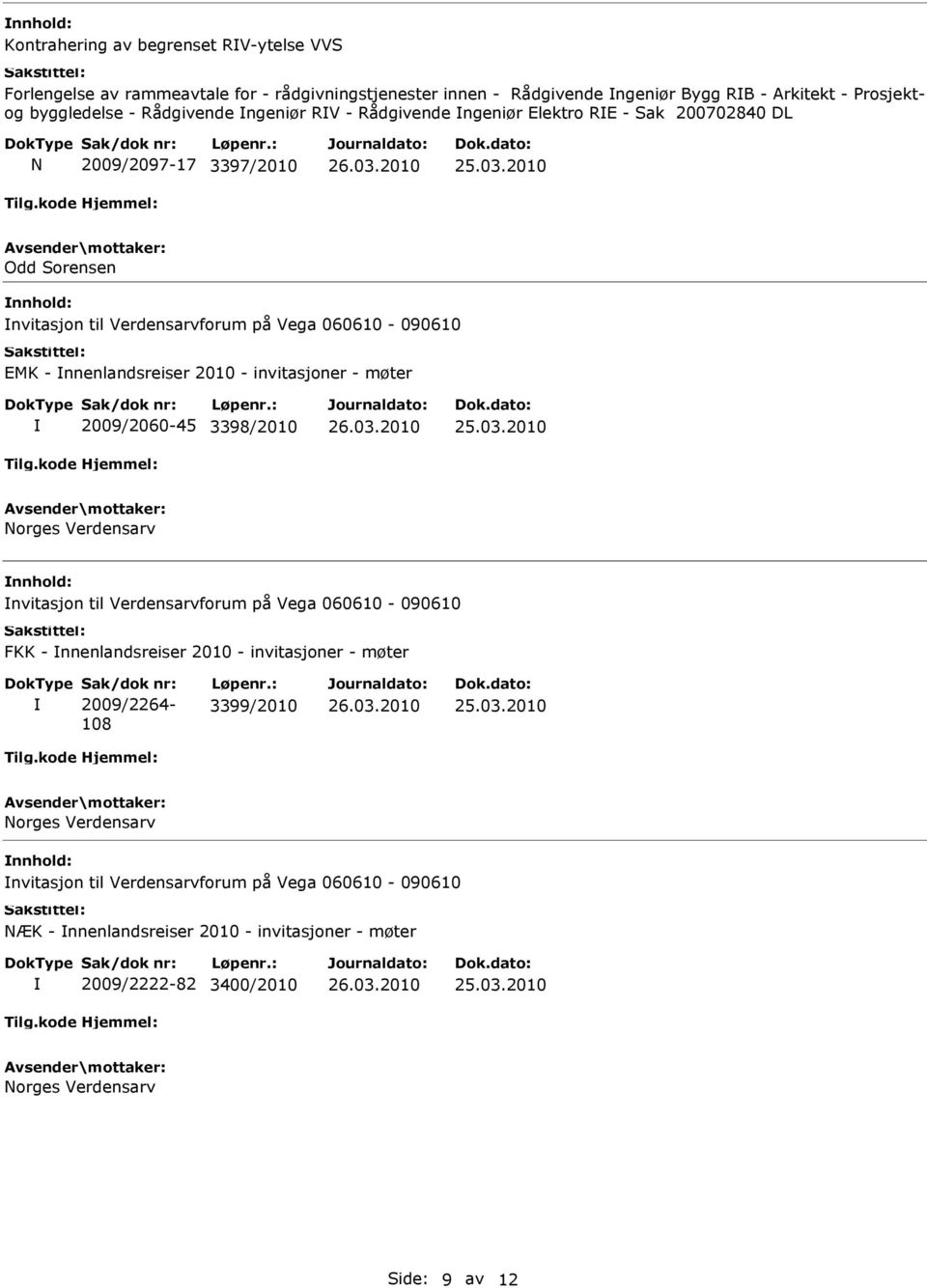 - møter 2009/2060-45 3398/2010 Norges Verdensarv nvitasjon til Verdensarvforum på Vega 060610-090610 FKK - nnenlandsreiser 2010 - invitasjoner - møter Sak/dok nr: 2009/2264-108 Løpenr.