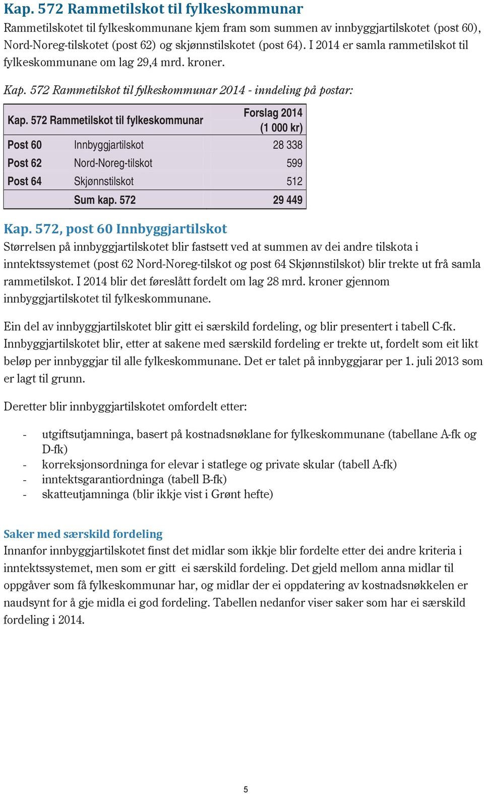 572 Rammetilskot til fylkeskommunar Forslag 2014 (1 000 kr) Post 60 Innbyggjartilskot 28 338 Post 62 Nord-Noreg-tilskot 599 Post 64 Skjønnstilskot 512 Sum kap. 572 29 449 Kap.