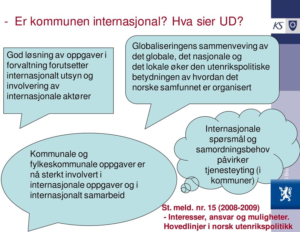 globale, det nasjonale og det lokale øker den utenrikspolitiske betydningen av hvordan det norske samfunnet er organisert Kommunale og fylkeskommunale