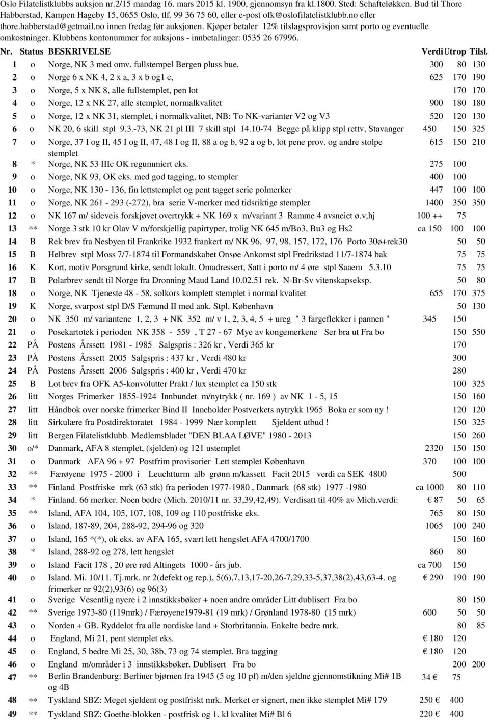 Klubbens kontonummer for auksjons - innbetalinger: 0535 26 67996. Nr. Status BESKRIVELSE VerdiUtrop Tilsl. 1 o Norge, NK 3 med omv. fullstempel Bergen pluss bue.